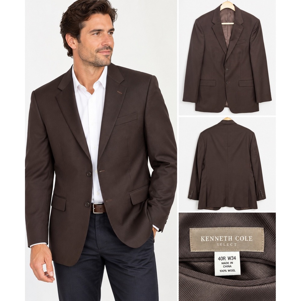 Kenneth Cole Mens Blazer 40R 100% Wool Brown 2-Button Sport Coat Regular Fit 40R